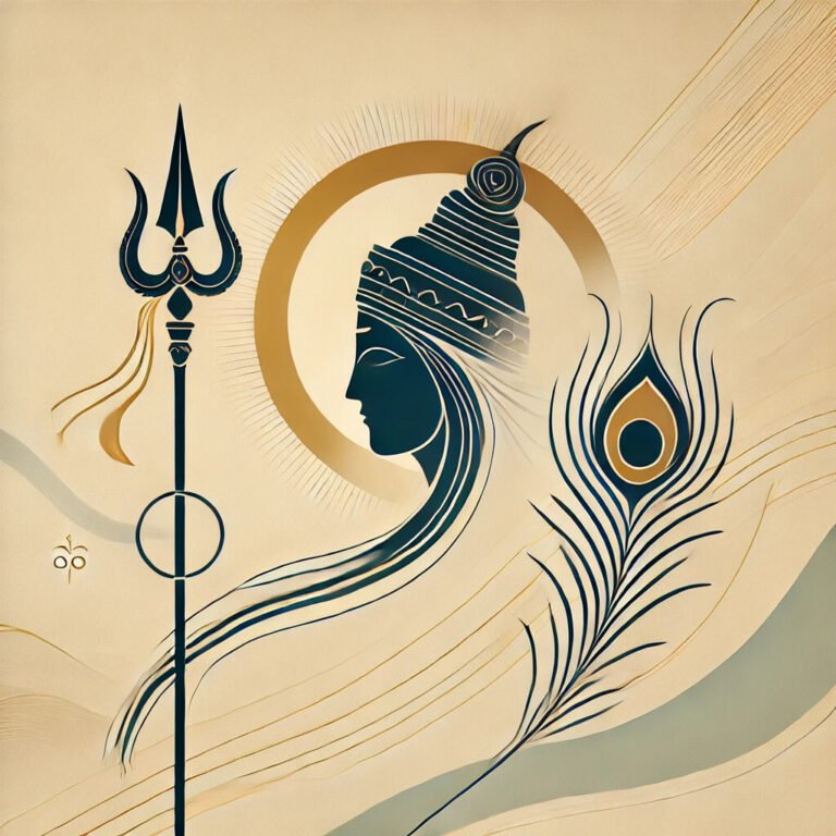 Minimalistic representation of Subramanya with a spear and peacok’s feather.